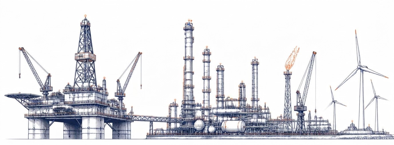 Energy refinery and offshore rig sketch in navy and orange line art