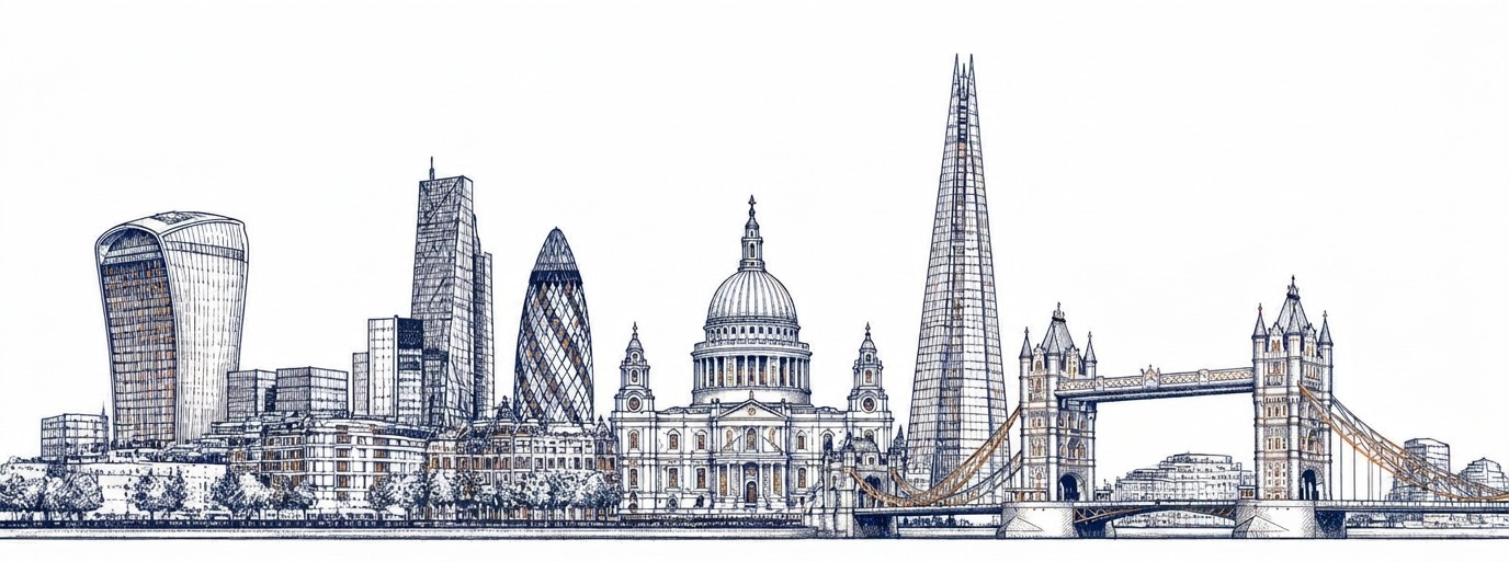 Property skyline sketch in navy and orange line art